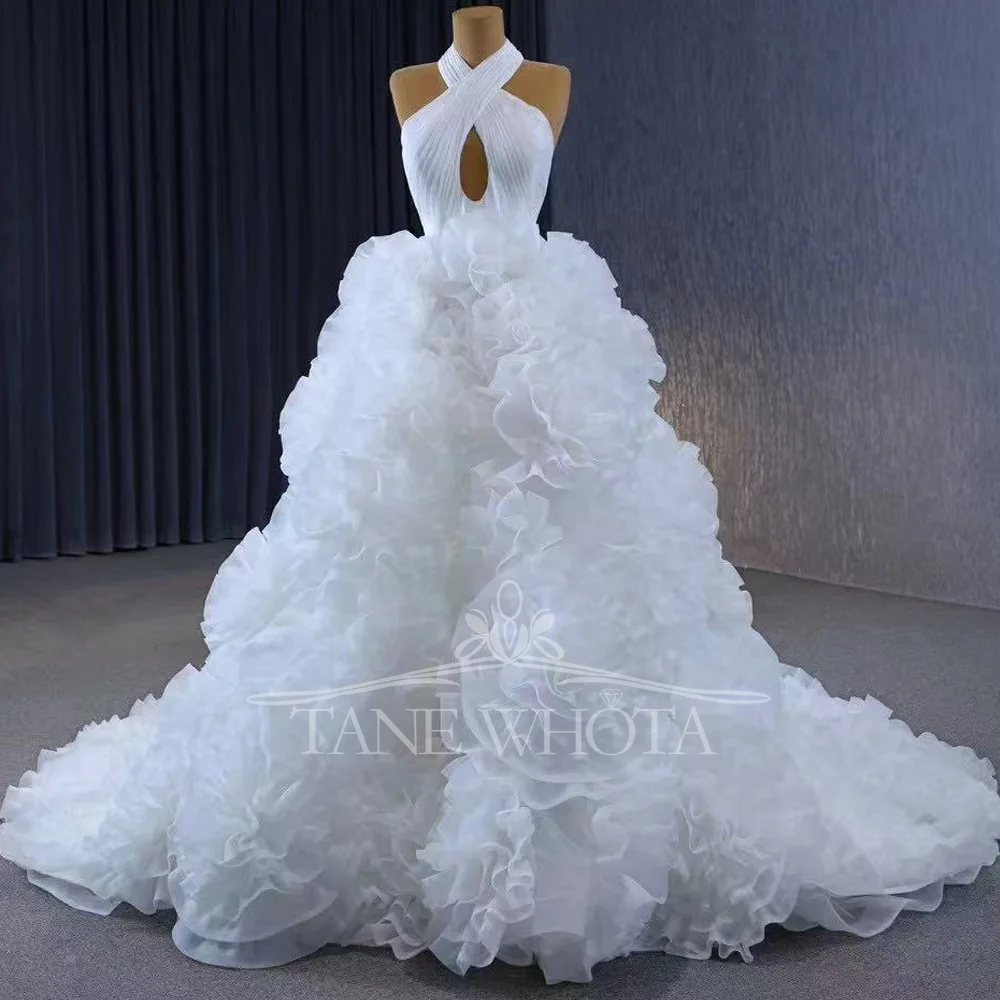 Charming Wedding Dress Halter Criss Cross Sleeveless Lace Up Back Ruffles Ruched Bridal Dress