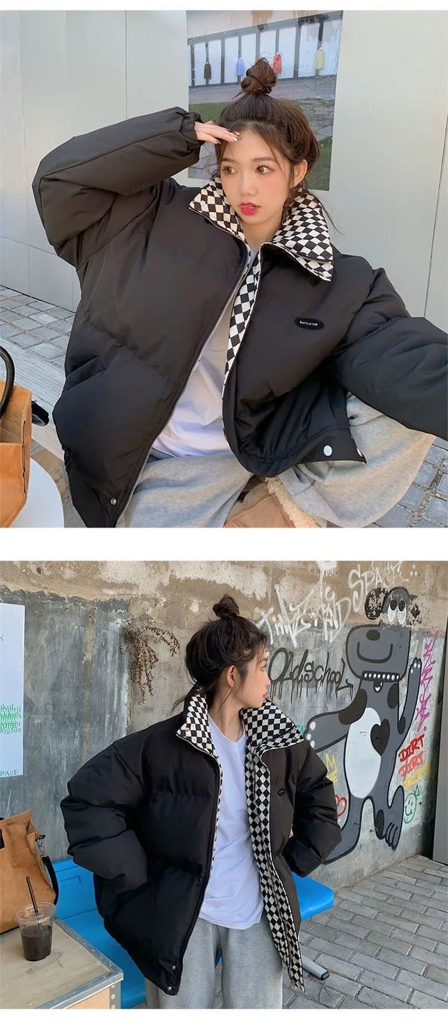 Checkered cotton jacket for women, winter retro Hong Kong style thick and loose bread jacket