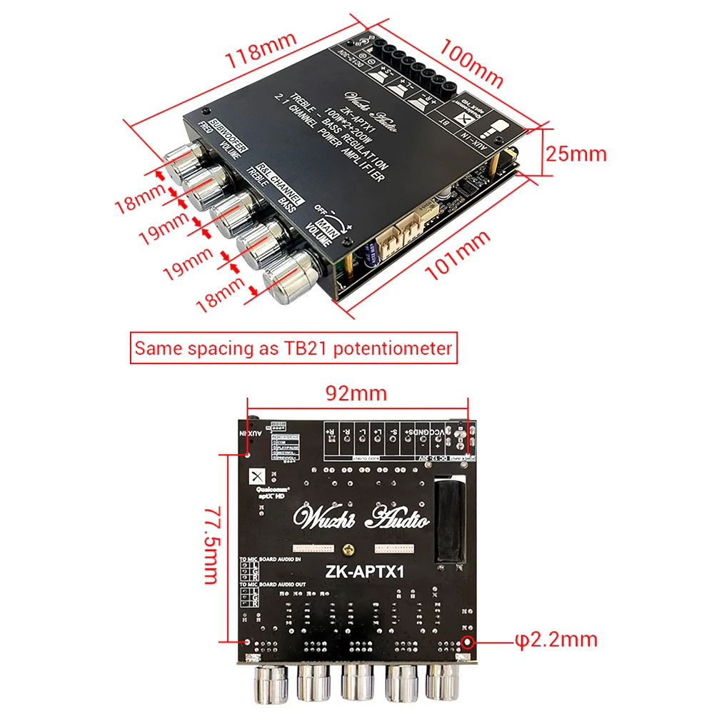 ZK-APTX1 płyta wzmacniacz cyfrowy BT 2.1 kanałowy zasilacz Audio Stereo 100W * 2 + 200W Subwoofer QCC3034 TPA3221 domowe Audio DIY