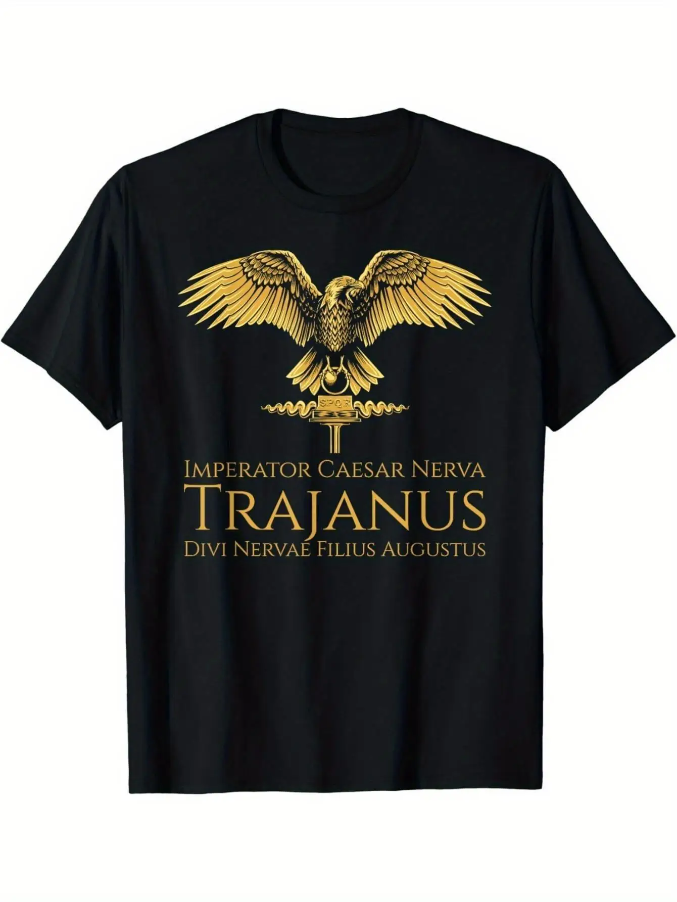 Men's Roman Emperor Trajan SPQR Aquila T-Shirt Latin Inscriptions & Golden Eagle Historical Replica Tee