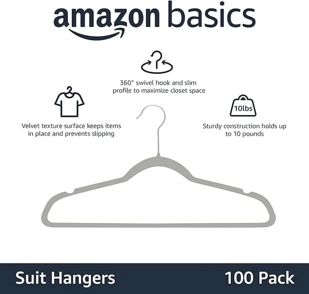 Slim, Velvet, Non-Slip Suit Clothes Hangers, Gray/Silver - Pack of 100