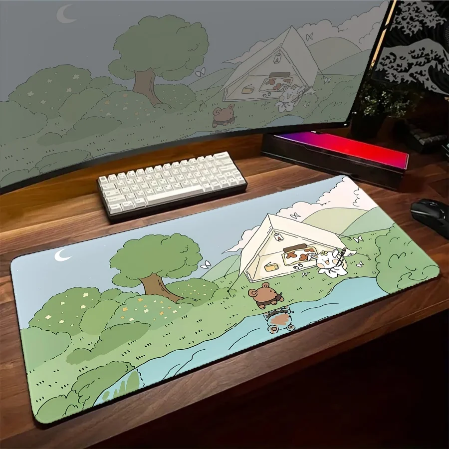 

Большой игровой коврик для мыши с рисунком зеленых растений и деревьев, увеличенный, для клавиатуры и компьютера, нескользящий, удлиненный, для геймеров, белый, для стола