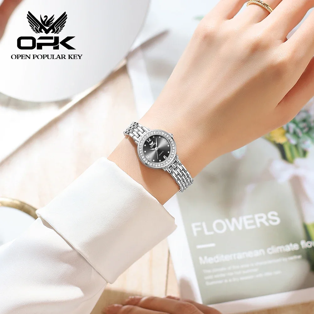 2025OPK brand waterproof three needle diamond inlaid steel strip women's luxury quartz watch 6009 (free shipping)