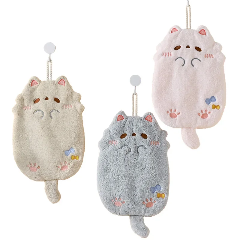 1Pcs Wholesale Cute Cartoon Raccoon Hanging Towel Coral Velvet Hair Non-Shedding Thick Cloth Kitchen Bathroom Absorbent Towels