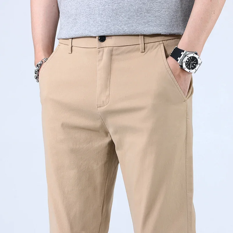 Casual Men Orange Loose Straight Business Pants Green Khaki Elastic Waist Trousers Soft Cotton Lyocell Fabric Korean Cargo Pants