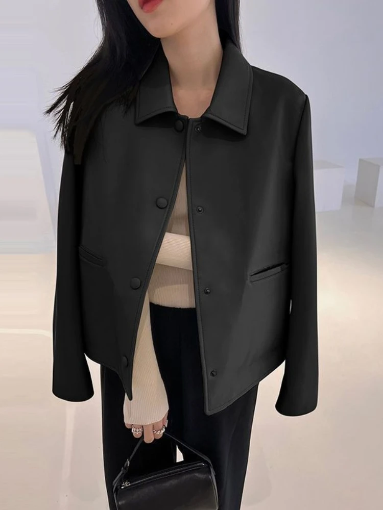 黒 PU ボタンレザージャケット女性パンク和風レザージャケット 2025 秋ハイストリートファッションカジュアルレザージャケット