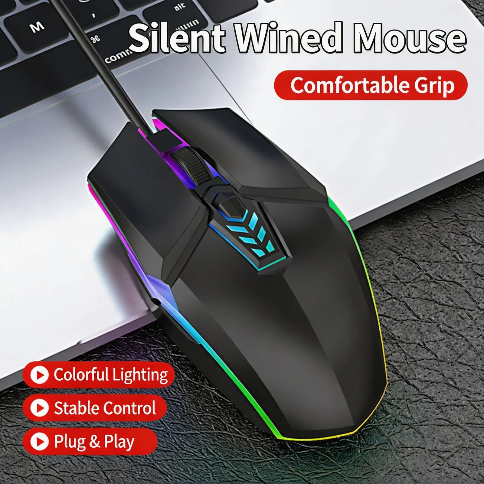 Wired Ergonomic Mouse RGB Backlight Effect Silent Optical Mice Anti Slip Roller Adjustable DPI 1000-1600 Lightweight For Esports