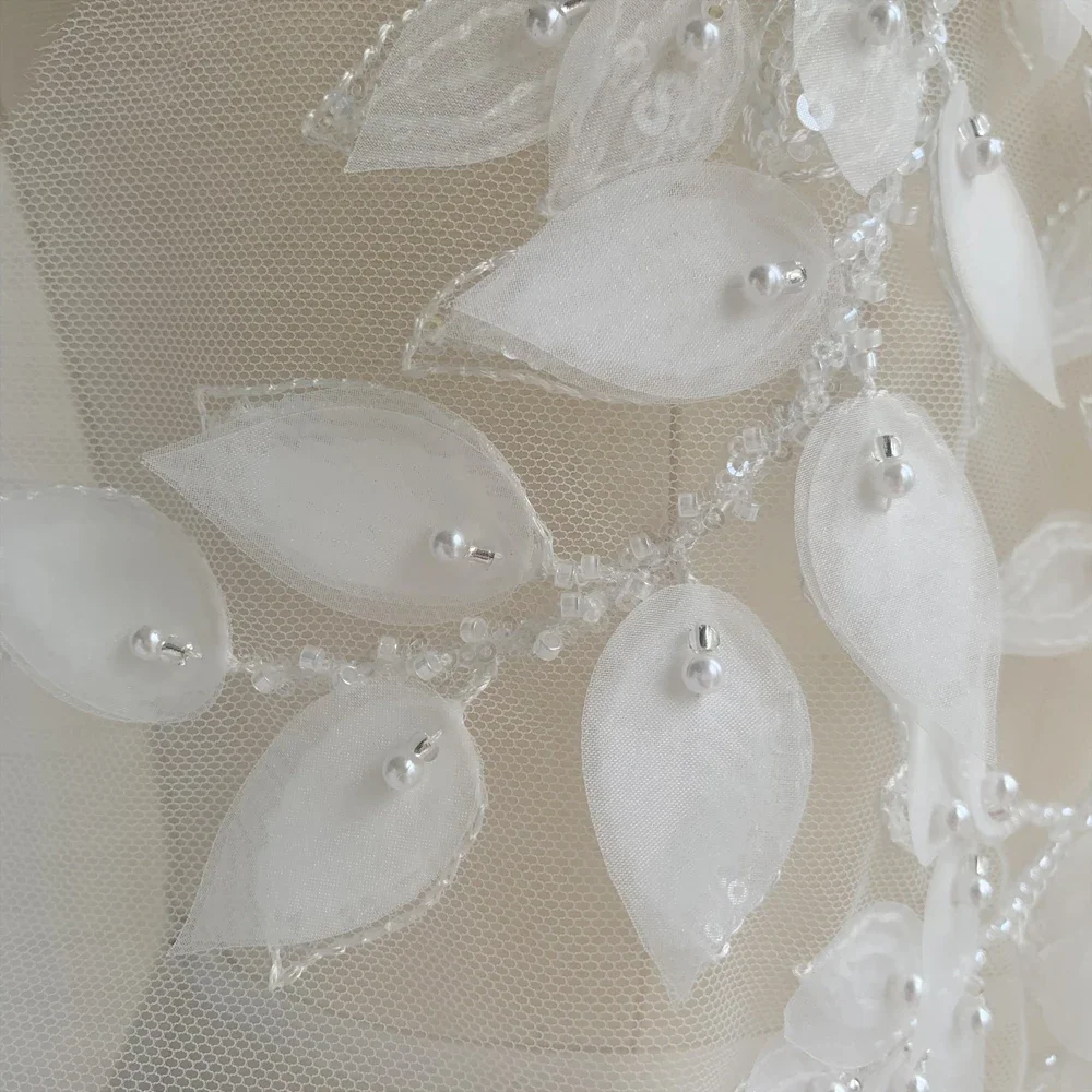

High Quality Natural White Handmade Bead 3D Printed Lace Decal Fabric DIY Wedding Dress Background Decoration Craft Accessories