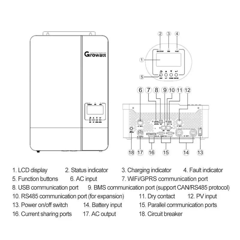 Inversor Solar Off-Grid Growatt-Monofase, 3000W, 3KW Inversor PV Residencial com Controlador de Carga MPPT