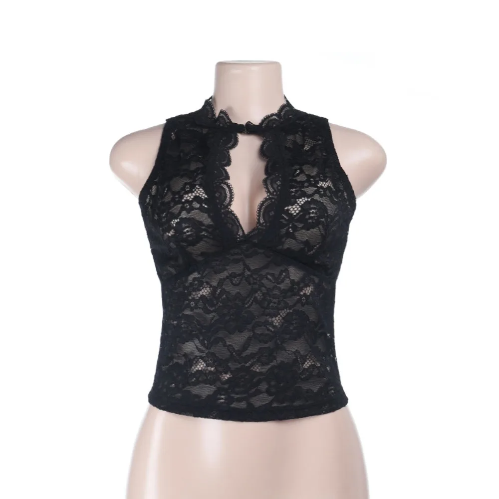 

New Front Cut Out Lace Corset Tops Vintage Floral High Neck Sheer Tops Slim Fit See Through Camisole Tops Women