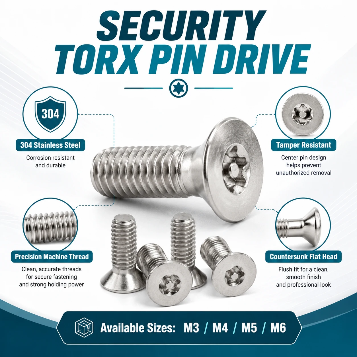 5-50Pcs 304 SS Security Screws with Pin, Flat Head Tamper Proof Machine Bolts for High Safety Fastening Applications