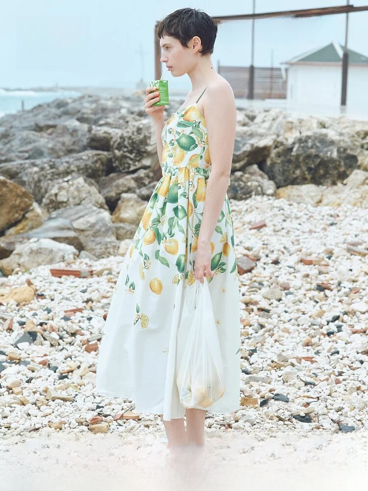 

H&M Women's Dress Summer Square Neck Print Strap Long Plant Print Cotton Casual Mid-Length A-Line Skirt Style Dress