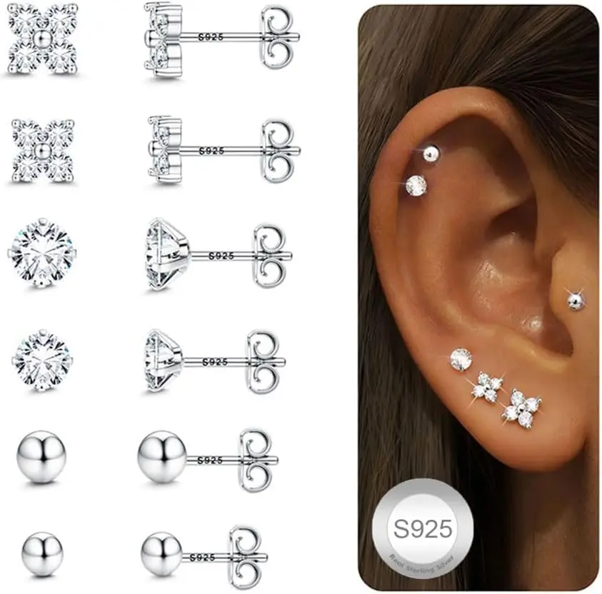 

6 Pairs 925 Sterling Silver Stud Earrings for Women Hypoallergenic Silver Cartilage Stacks Stud