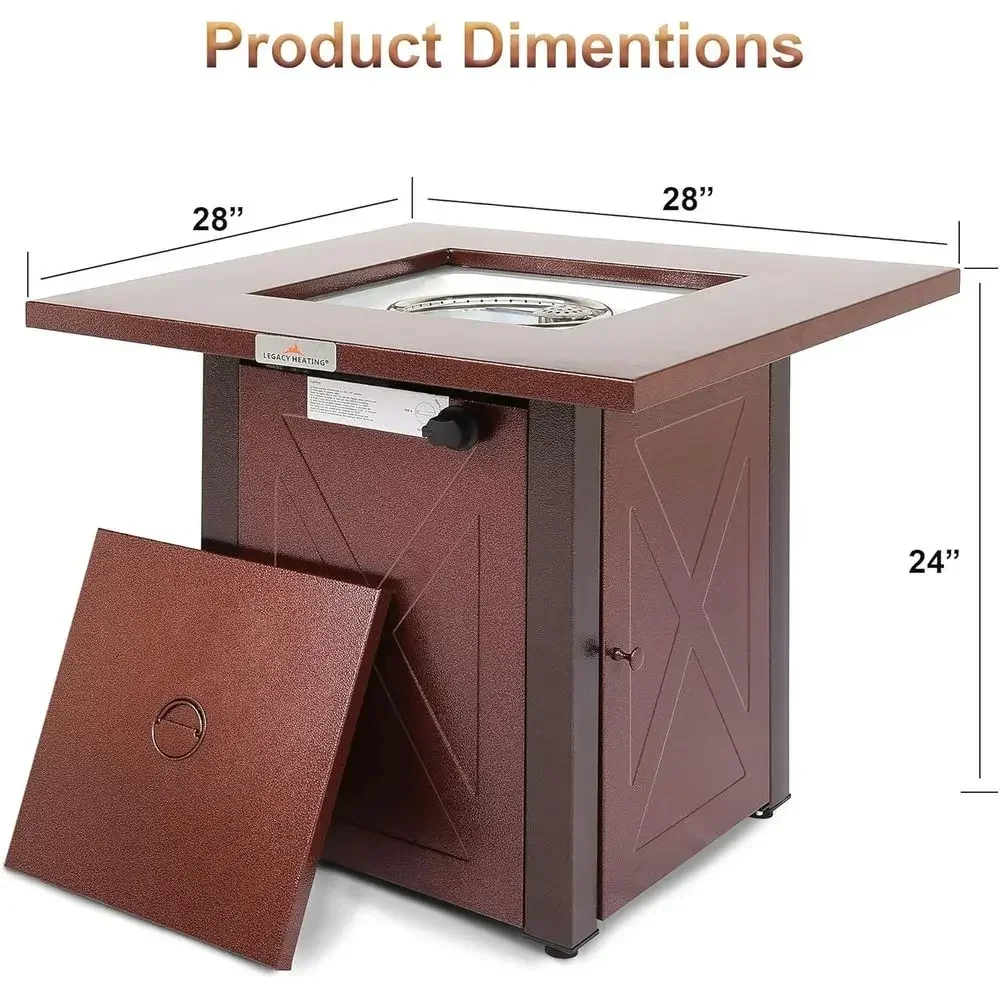 Outdoor 28 Square Gas Fire Pit Table with Cover and Lava Rocks, Brown Textured, Ideal for Patio and Garden Parties