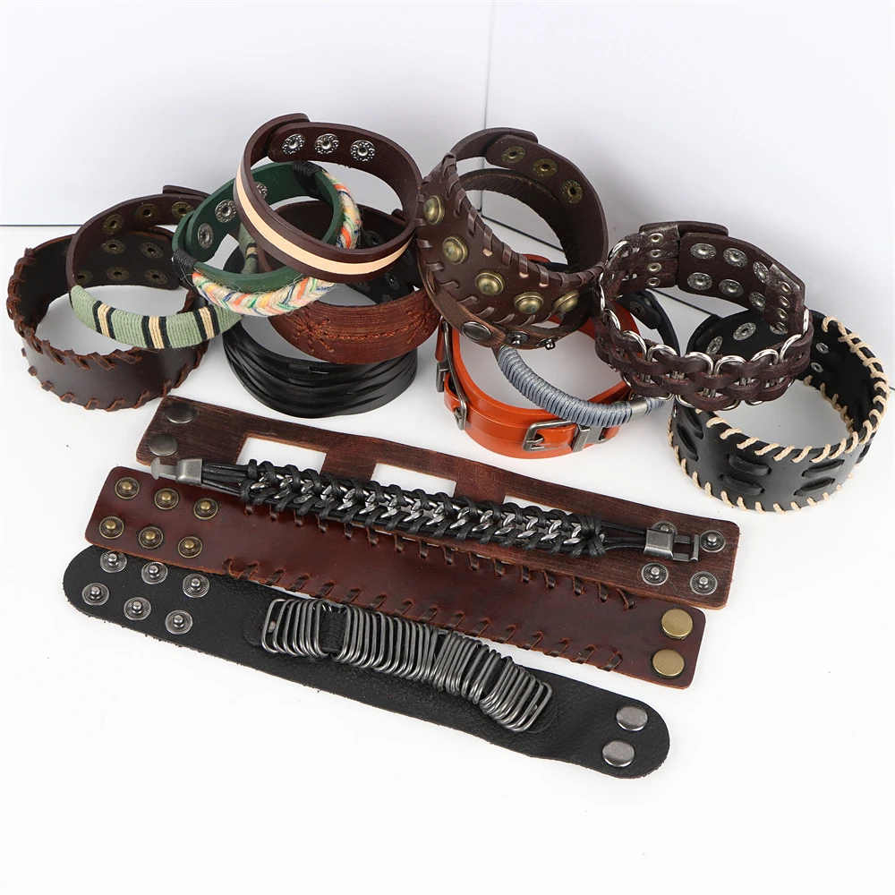 Bracelets à boutons en métal en cuir punk pour hommes et femmes, bijoux faits à la main, accessoires de bracelet, cadeaux de mode, 20 pièces par lot