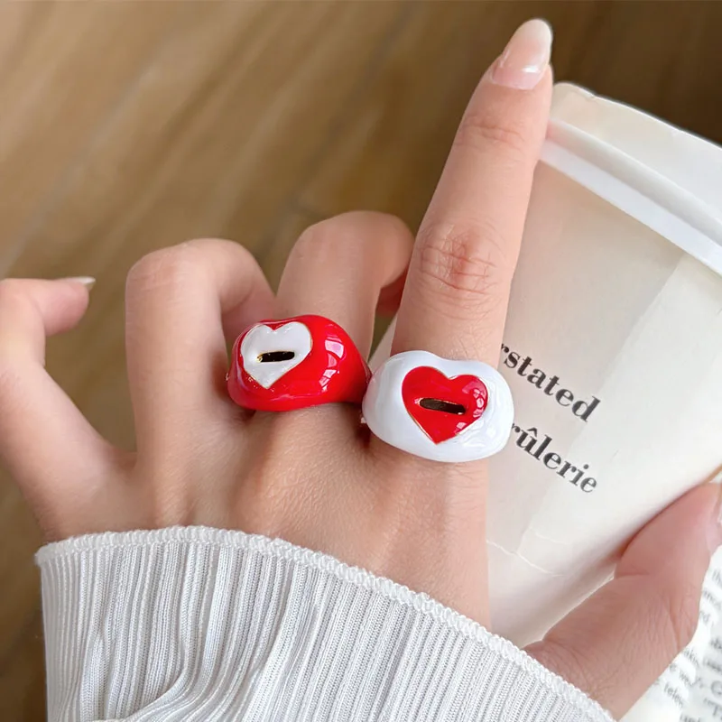 Niche European and American design color-blocked enamel drip heart-shaped open ring