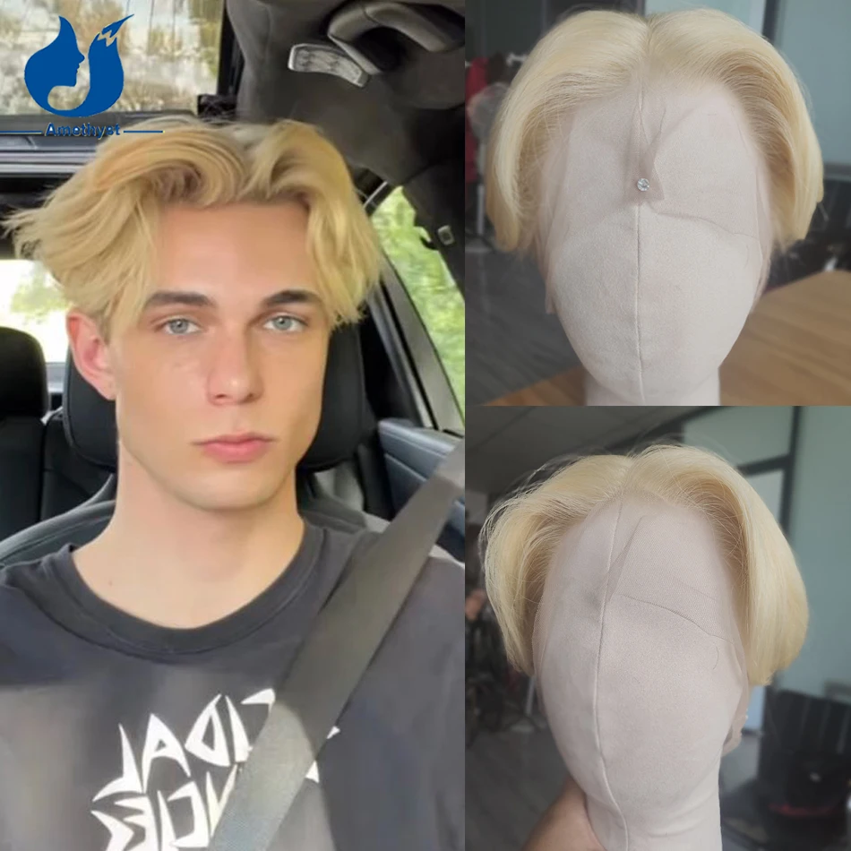 

Amethyst 613 Blonde Wolf Cut Short Bob Men's Wig Full Lace Cap Brazilian Remy Hair Pre-Plucked with Babyhair for Male Layered