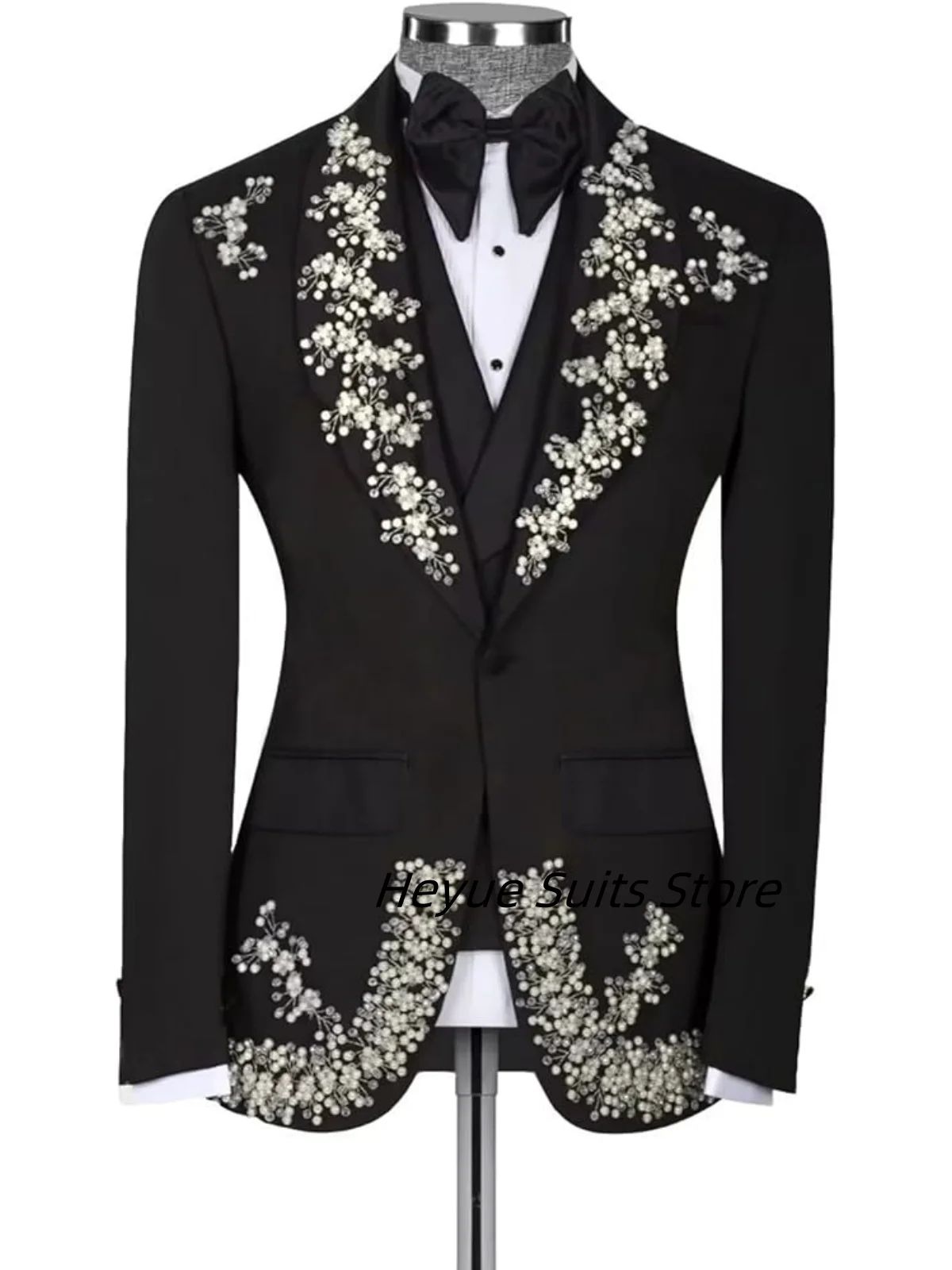 Fashion Slim Fit Beaded Diamond Men Suits 3 Pieces Sets Groom Wedding Tuxedos Customized Male Blazers Formal trajes para hombre