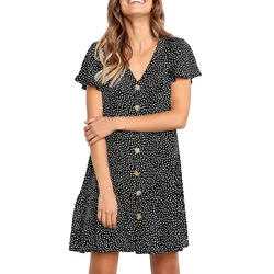 Womens Polka Dot V Neck Button Down Ruffles Loose Short T Casual Women Dress Evening Dresses for Fall Petite Summer Dresses