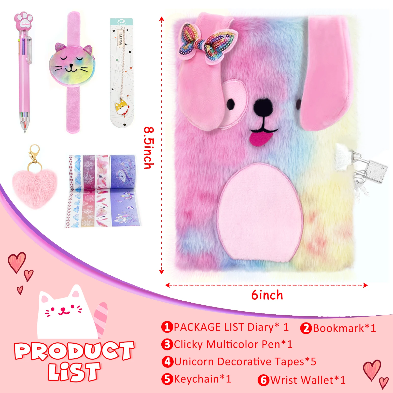 Lindo diario de gato de peluche con cerradura y llave para niños niñas regalo perro animales diario cuaderno estudiante escuela papelería A5 Bloc de