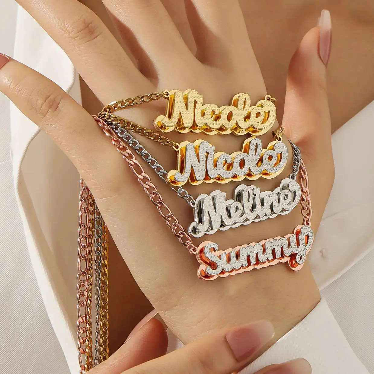 Double Plated Iced Out Script Name Necklace Personalized Two Tone 3D Nameplate Stainless Steel Jewelry For Women Men Gift