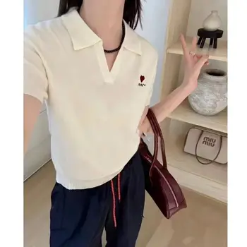 短袖針織Polo衫 女士條紋露臍毛衣套頭衫 夏季春季女孩休閒穿搭 10 最佳銷售 女士短袖毛衣 - №8