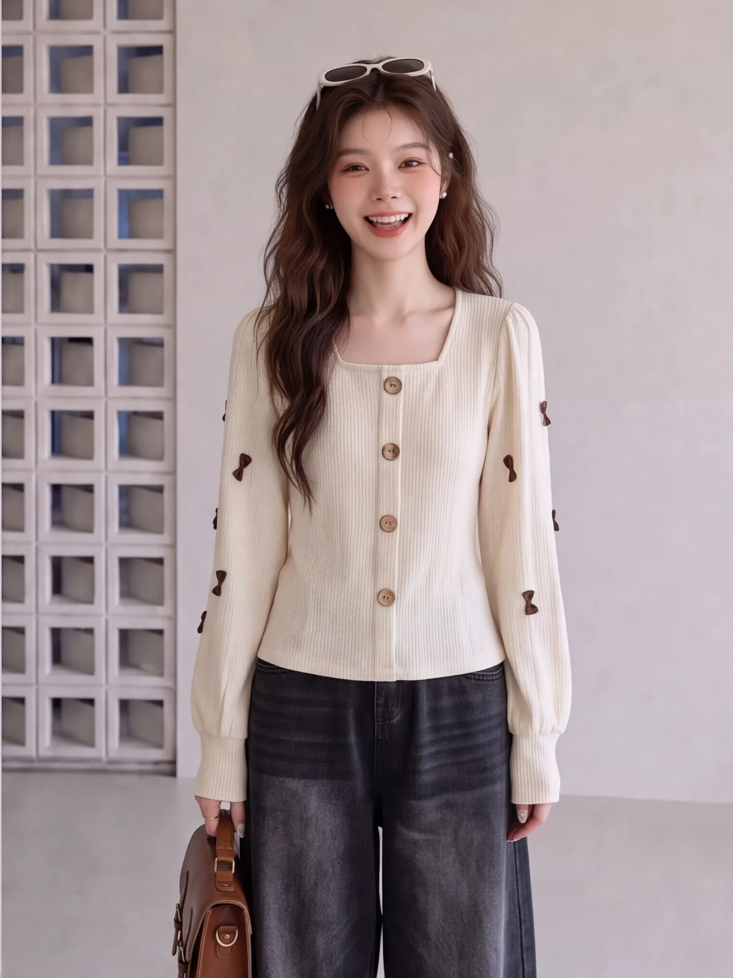 Retro Bow Tie Square Neck Long Sleeve T-Shirt Women's Autumn Korean Style Slimming Knitted Patchwork Top City Walk Pure Color