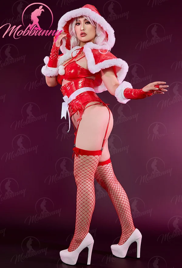 Mobbunny Women Christmas Theme Party Sexy Lingerie Set Red Bra Panty and Corset with Furry Short Cape Stockings Cosplay Costume