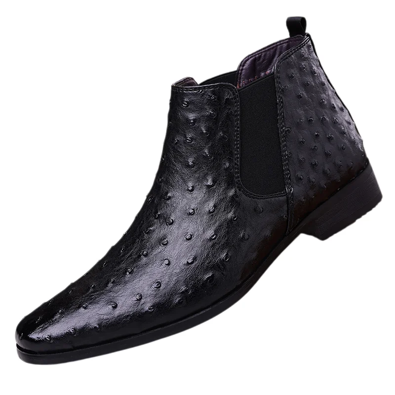 Luxury Designer New Men's Pointed Ostrich Pattern Pu Leather Casual Chelsea Ankle Boot Winter High Top Shoes Zapatos Hombre
