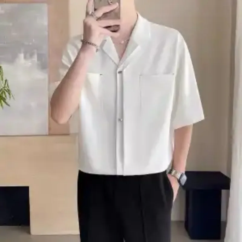 

Men Cuban Collar Short Sleeve Shirts Summer Wrinkle Resistant Smooth Fabric Korean Trendy Casual Tops S-4XL