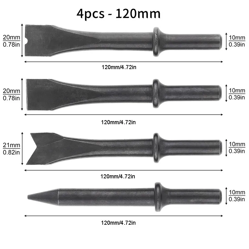 Air Cinzel Impact Head for Cutting Removal, Aço duro, Solid Long, Support Pneumatic Tool, 45 # Steel, 120mm, 175mm, 4 unidades por conjunto, 5