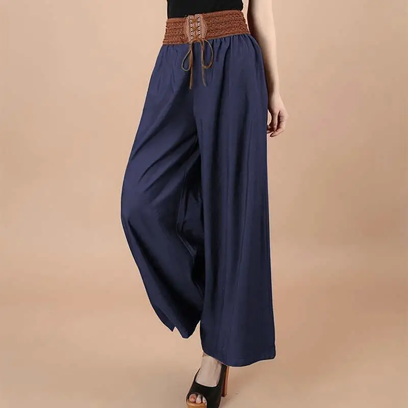 Korea Vintage Fashion Summer Women Pants Wide Leg Casual Loose Elastic Waist High Solid Drawstring Lace Up Ethnic Style Trousers