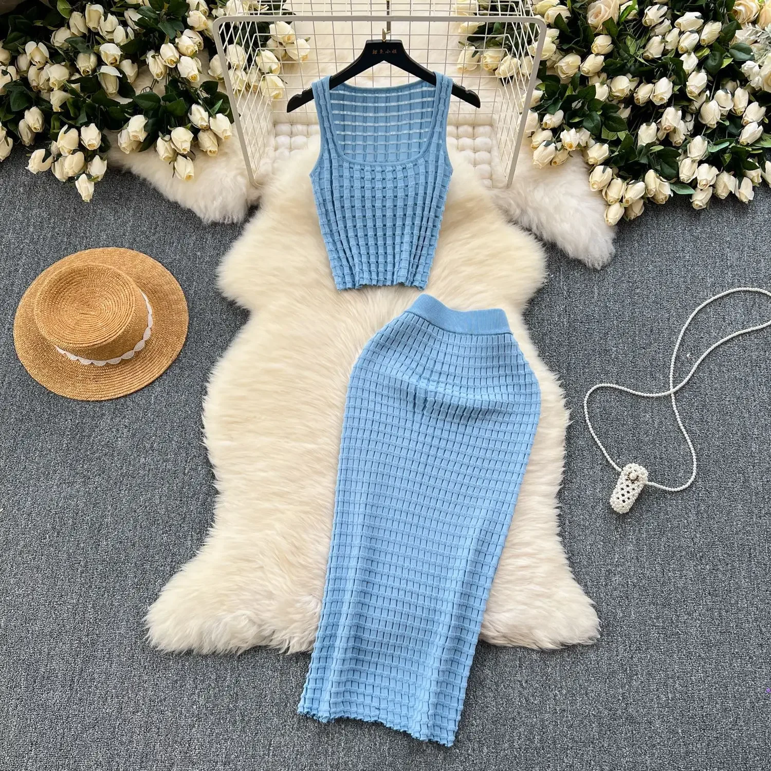 Skirt Set Women Two Piece Sets Knitted Sexy Slim Dress Sets Round Neck Sleeveless Short Vest Tops High Waist Long Skirts Elegant