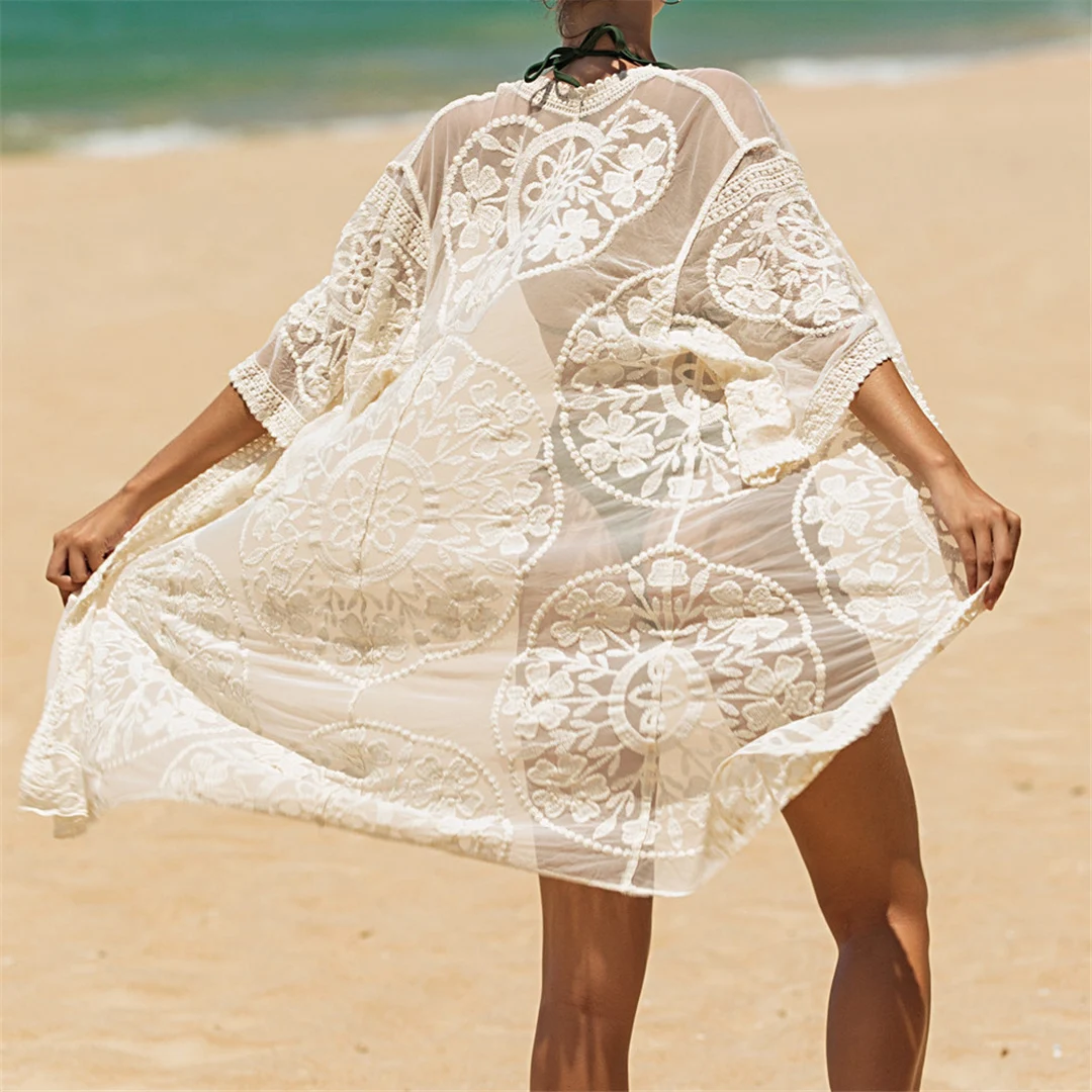 Sexy 3-Farben-Spitzenstickerei-Häkel-Strick-Tunika, Strand-Überwurf, Strandkleid, Strandmode, Damen V4065 – Detail 25