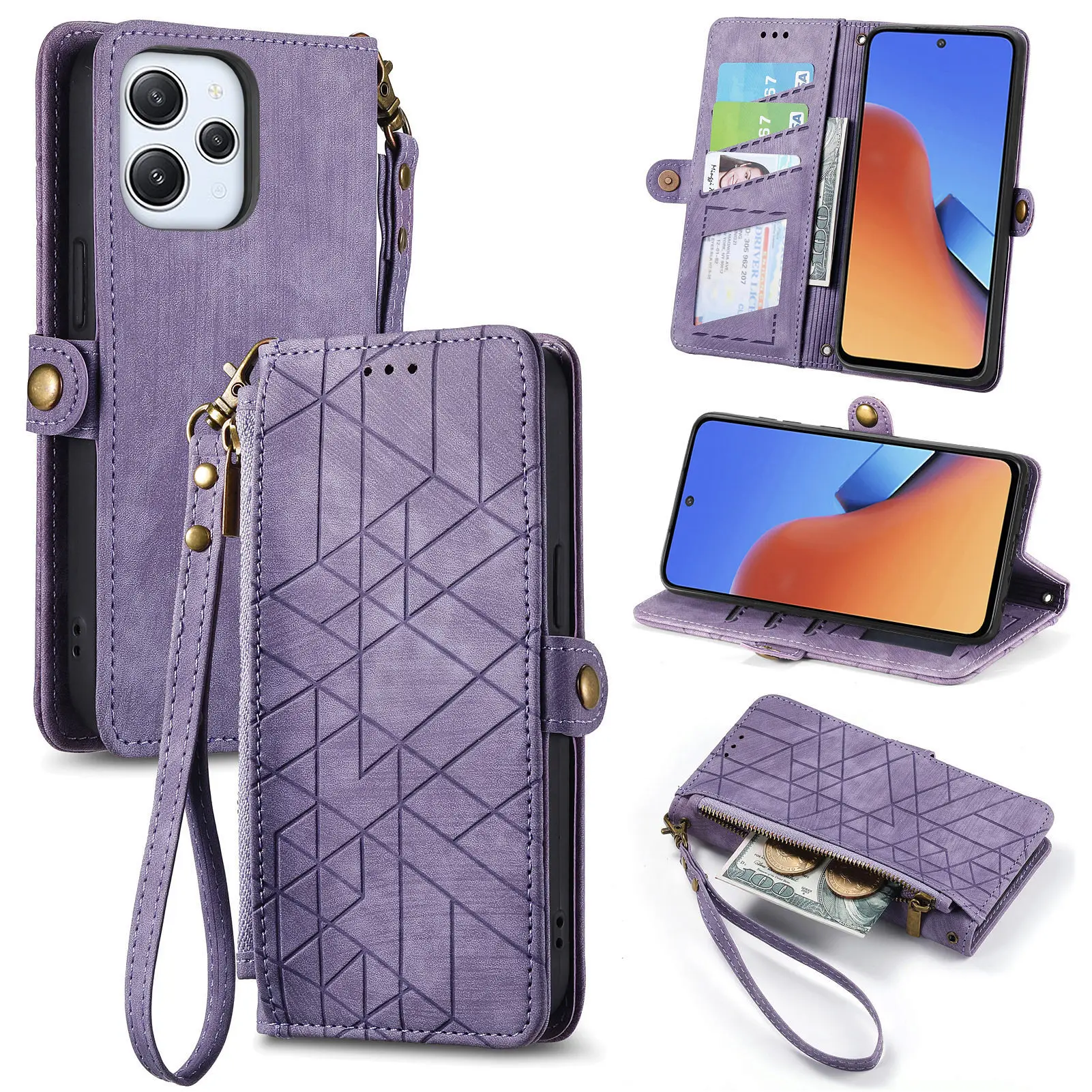 حافظة هاتف بجيب بسحاب لهاتف OPPO Realme 14X 14 13 12 Pro Plus 9i 7i حزام معصم جلدي فاخر محفظة بحبل غطاء قلاب Funda