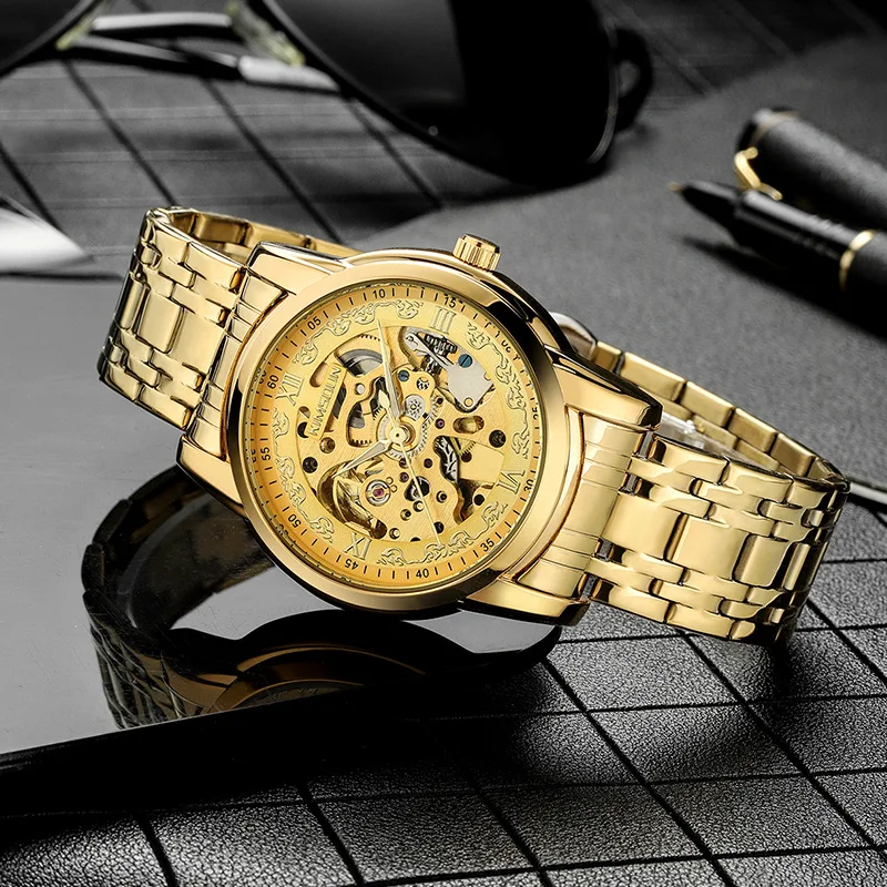 

Stainless Steel New Business Gold Three-Hands Full Skeleton Luminous Waterproof Tourbillon Self-Wind Automatic Watch for Men