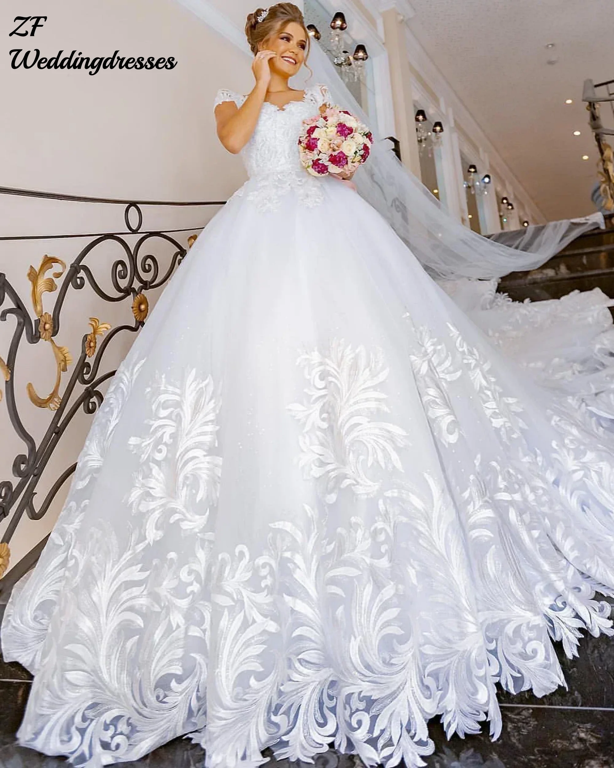 

Customized Elegant A Line Wedding Dress Sheer V Neck Short Sleeves Vestido Casamento Floral Appliqus Bridal Gowns