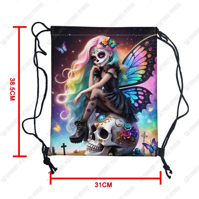 Gothic Skull Fairy Print Drawstring Bag for Travel Gothic Skeleton Girl Cartoon Backpacks Teenager Bookbag Shoes Holder Gift