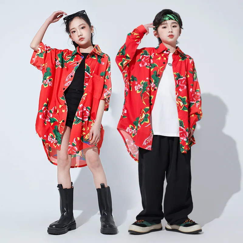 Girls Hip Hop Dance Costume Kids Jazz Street Dance Peony print Red Shirt Pants/Short for Festival Stage Boys Red Clothing