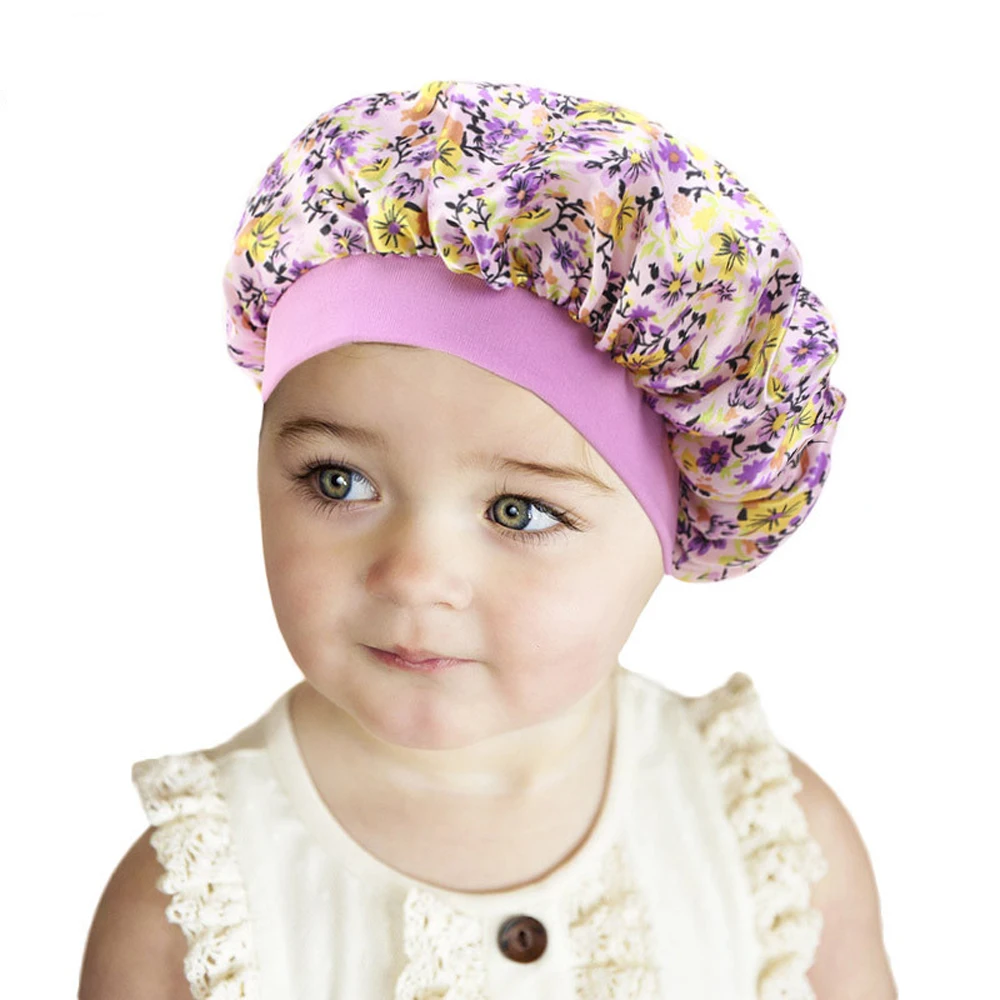 

Kids Girls Sleep Cap Floral Print Satin Bonnet Turban Hat Night Sleeping Beanie Chemo Headwear Hair Care Cover Children Headwarp