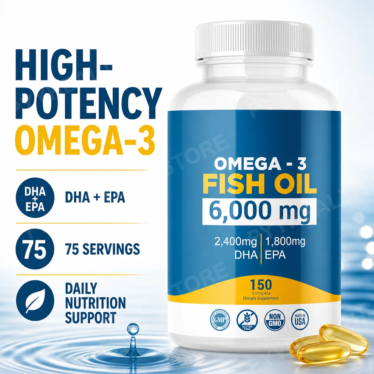 Omega-3 Fish Oil 6000mg Softgels High DHA EPA Formula 2400mg DHA 1800mg EPA Non-GMO 150 Capsules Heart Brain Nutrition Support