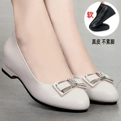 Spring New Shallow Mouth Soft Leather Shoes Fashion Bow Round Head Women  Work Shoes Non-slip Wear Flat Single Shoes