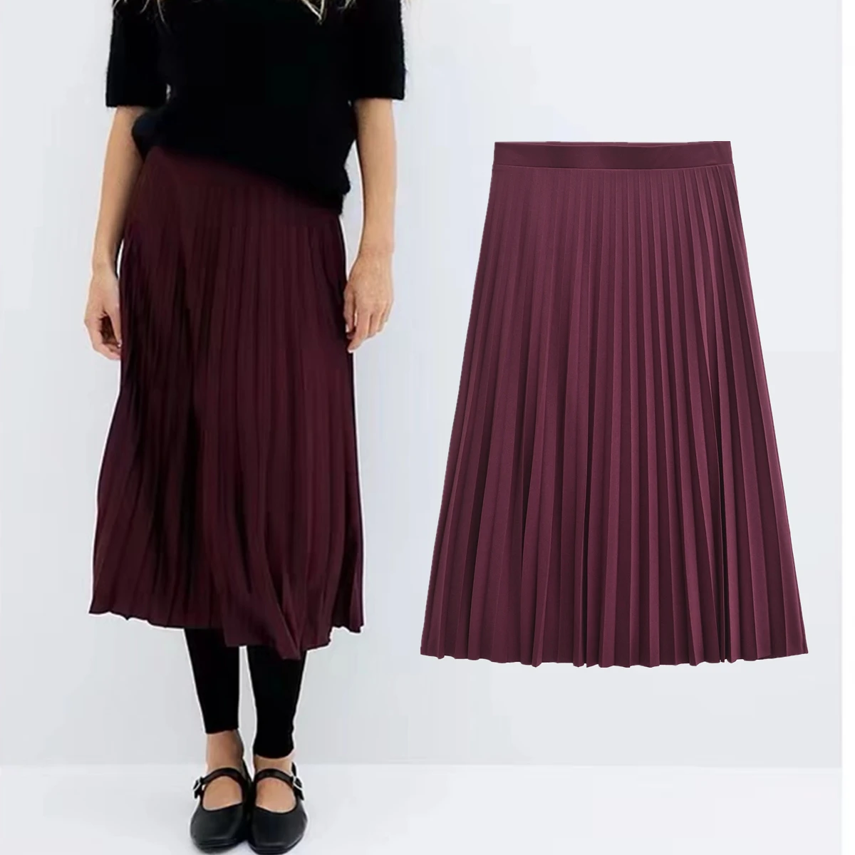 

Jenny&Dave Minimalist Women's High Waisted Midi Skirt Fashion Ladies Elegant Purple Red Pleated Skirt Women