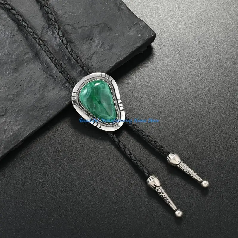 E56A Irregular Colored Stone Bolo Tie Braided Leather Adjustable Necktie Necklace