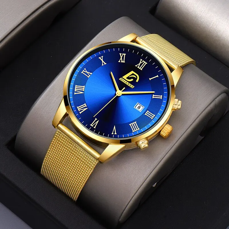 2PCS Set Fashion Mens Calendar Watches Luxury Men Business Gold Stainless Steel Mesh Belt Quartz Watch Male Necklace Wristwatch