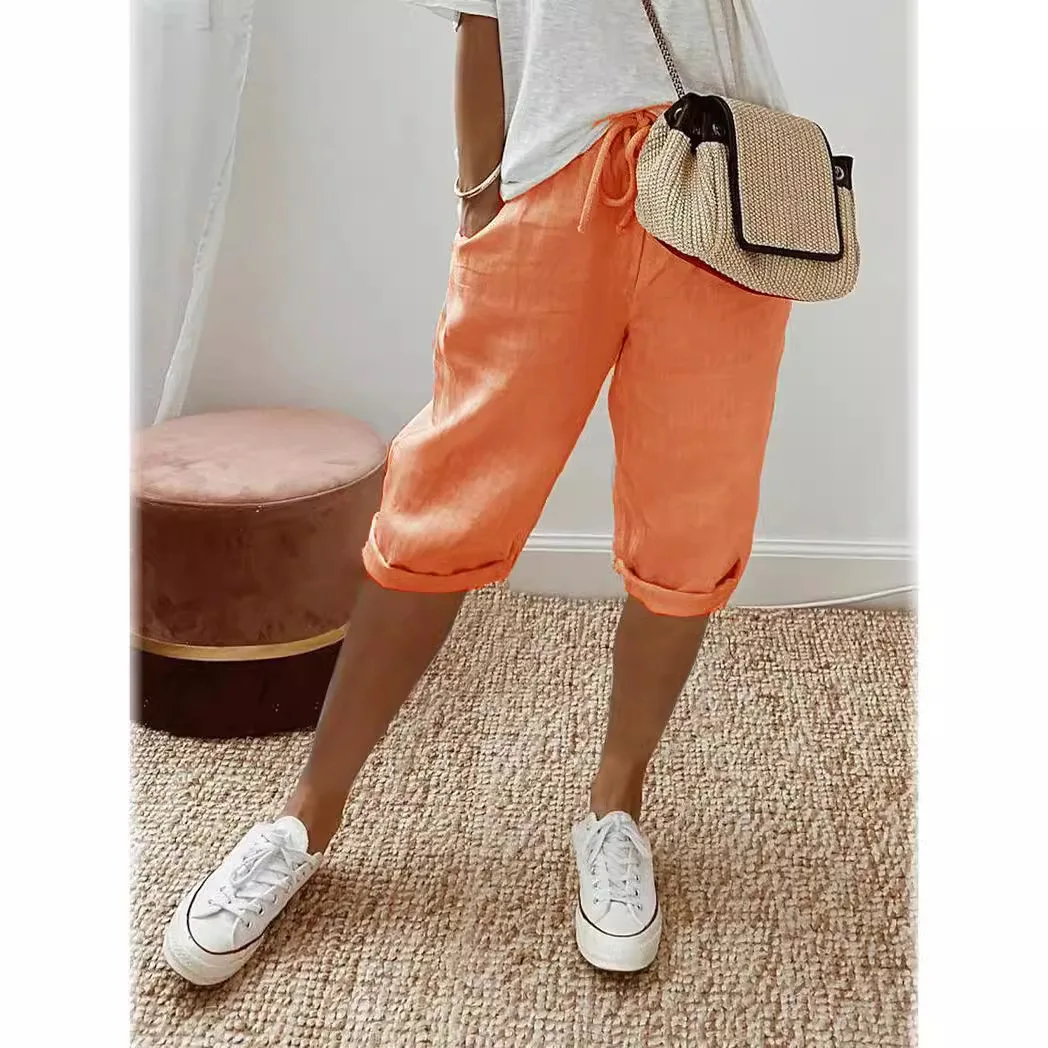 Shorts women 2026 cotton linen pocket elastic waist sashes casual pants solid color shorts women's clothing