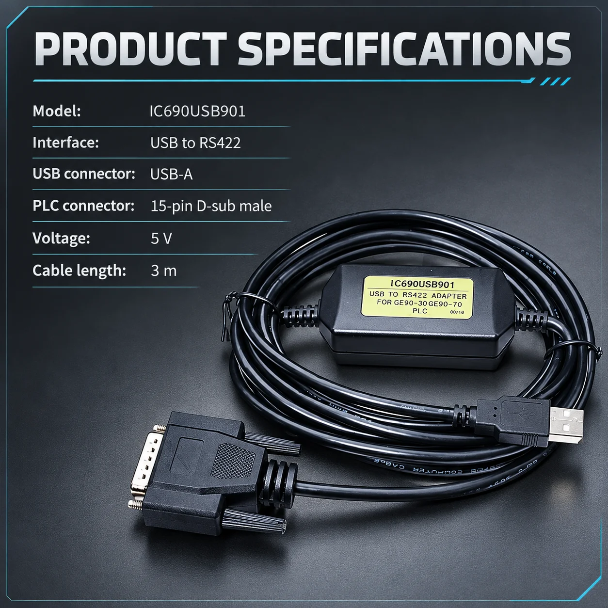 IC690USB901 PLC Programming Cable for GE Series 90-30 90-70 USB to RS422 15-Pin Adapter 3M 5V