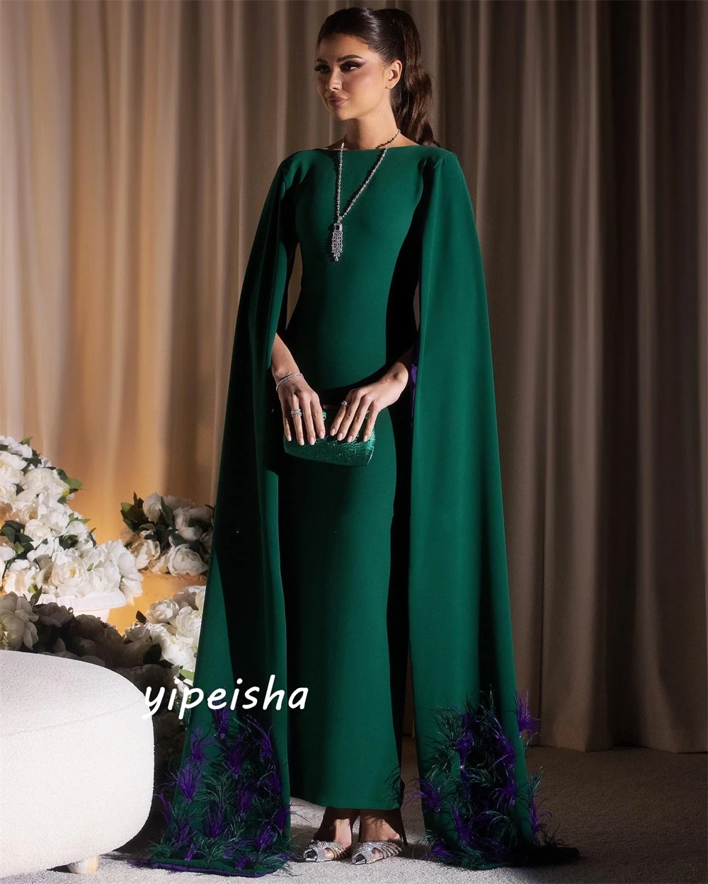 Customized  Elegant Sizes Available High Collar Sheath Anke length Skirts Feathers Charmeuse Evening Dresses