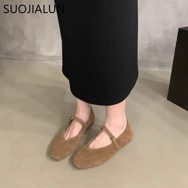 SUOJIALUN 2024 Autumn Women Flat Shoes Fashion Round Toe Ladie Ballerinas Shoes Soft Flat Heel Outdoor Casual Mary Jane Shoes