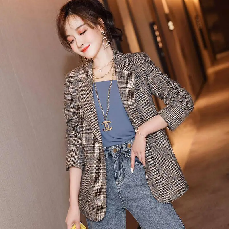 Spring Autumn Plaid Blazer Jacket Ladies Korean Style Office Slim Long Sleeve Pocket Jacket Casual Traf Ropa Mujer Blazer Women